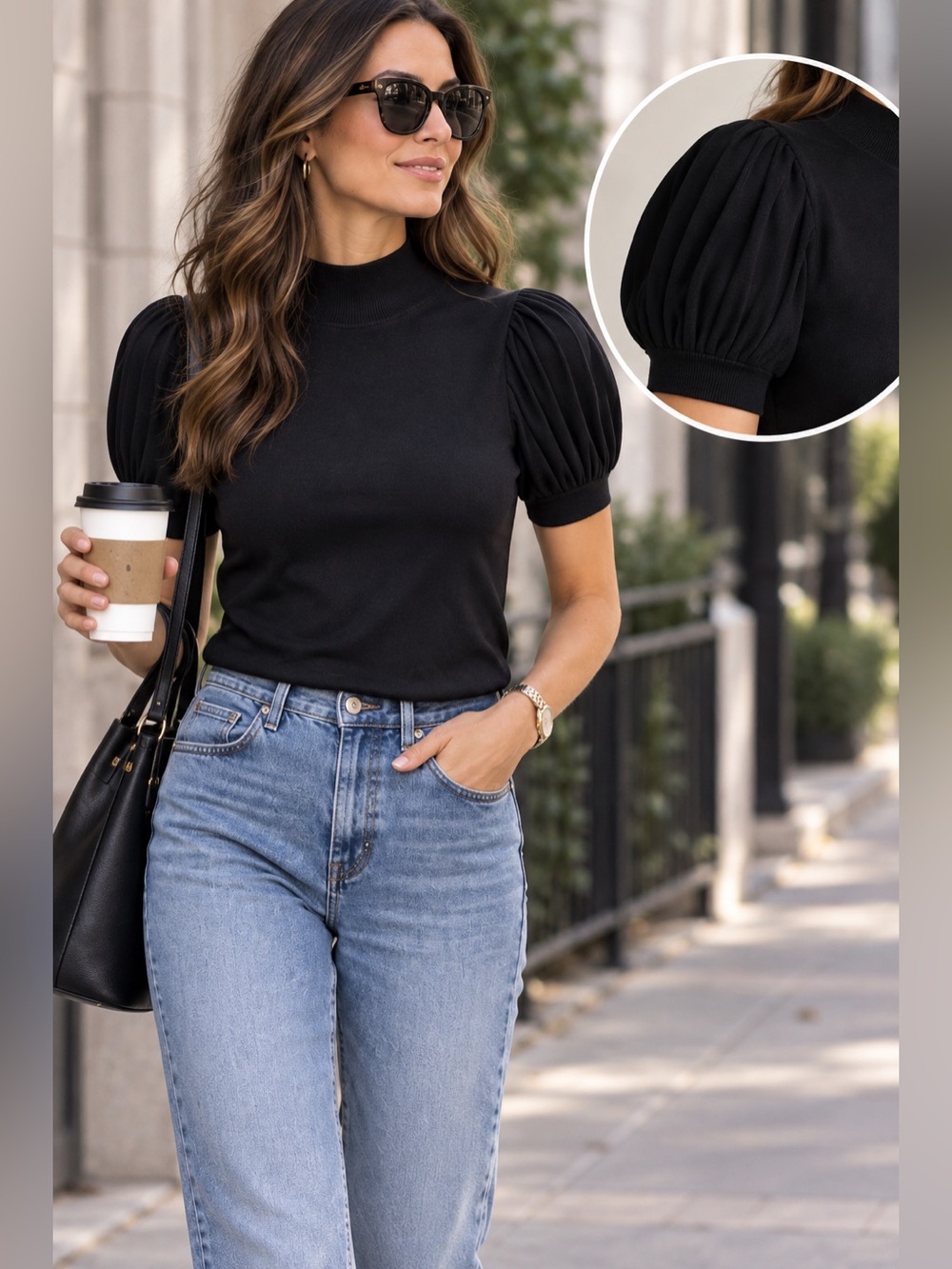 Tahari Black Mock Neck Puff Sleeve Knit Top XS Ribbed Short Sleeve